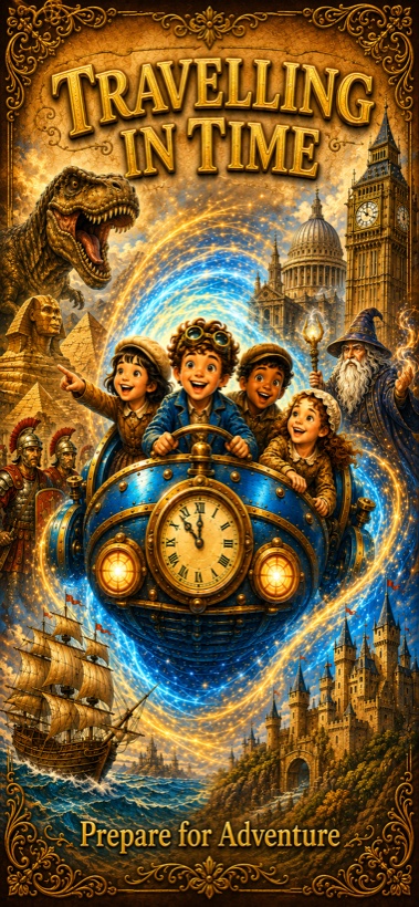 Travelling in Time launch screen — an ornate golden time machine surrounded by dinosaurs, castles and explorers
