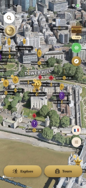 3D satellite view of the Tower of London with collectible coins, gems and markers