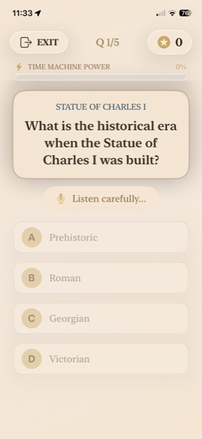 A multiple-choice history quiz with a coin reward