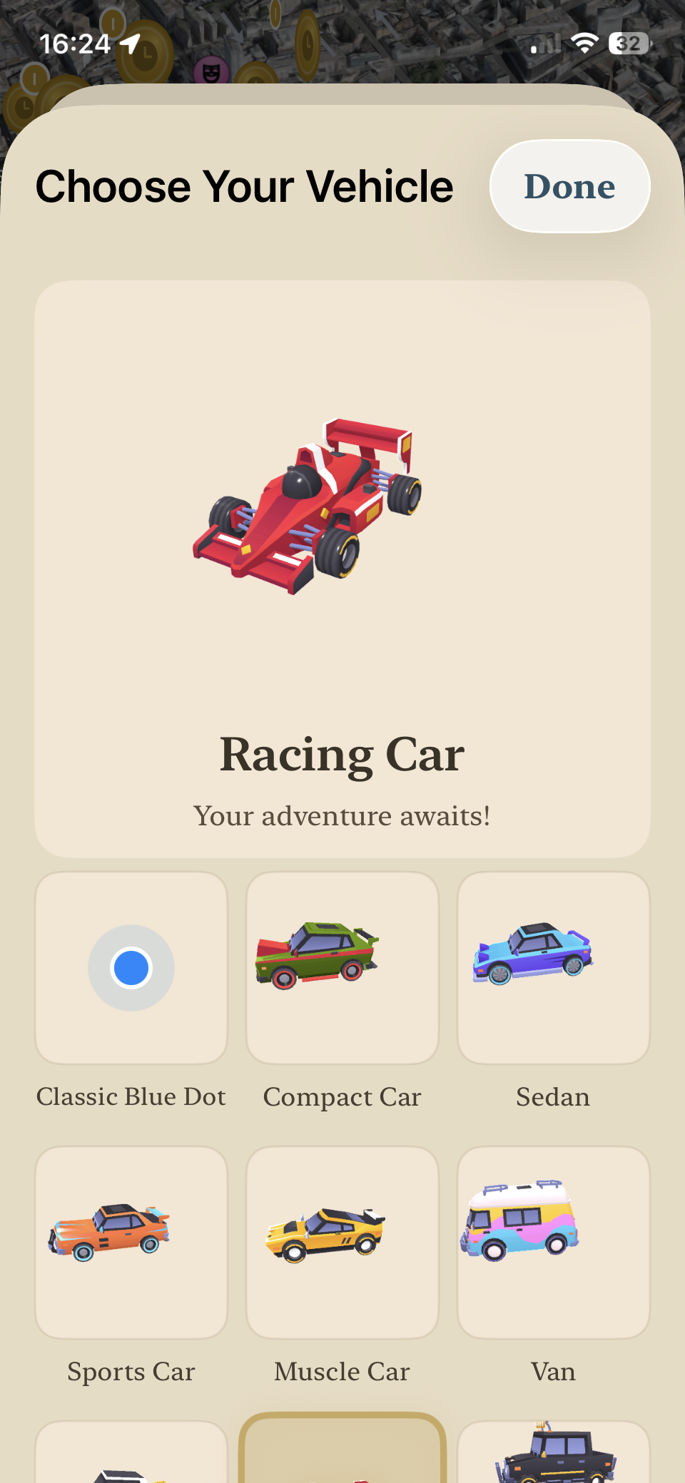 Choose Your Vehicle — pick a Racing Car, Sedan, Van and more